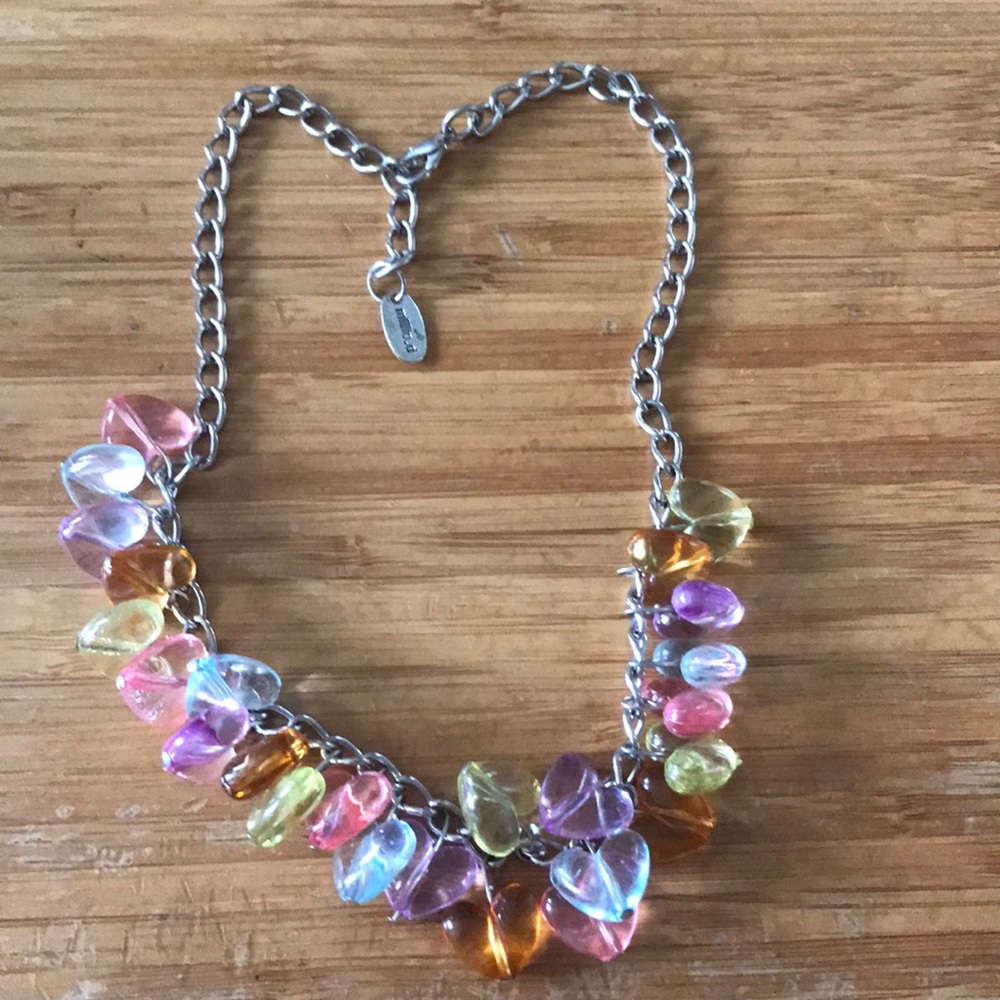 Vintage Millie.d colorful acrylic/lucite heart dangle statement necklace